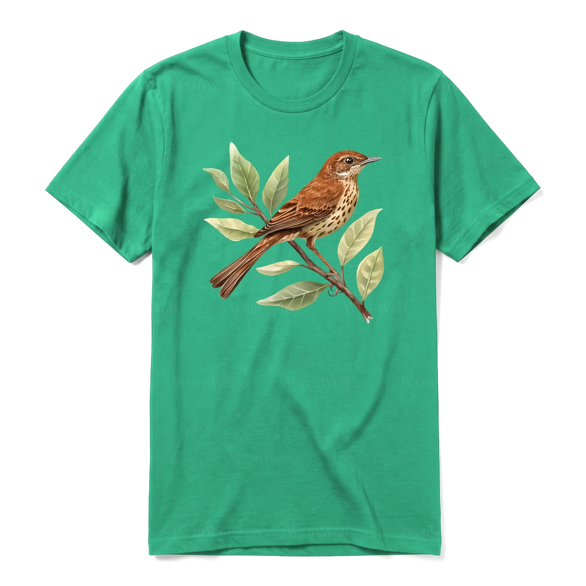 Un T-shirt kelly T-shirt à col rond et manches courtes pour adulte, orné d'un motif représentant un oiseau sur le devant.