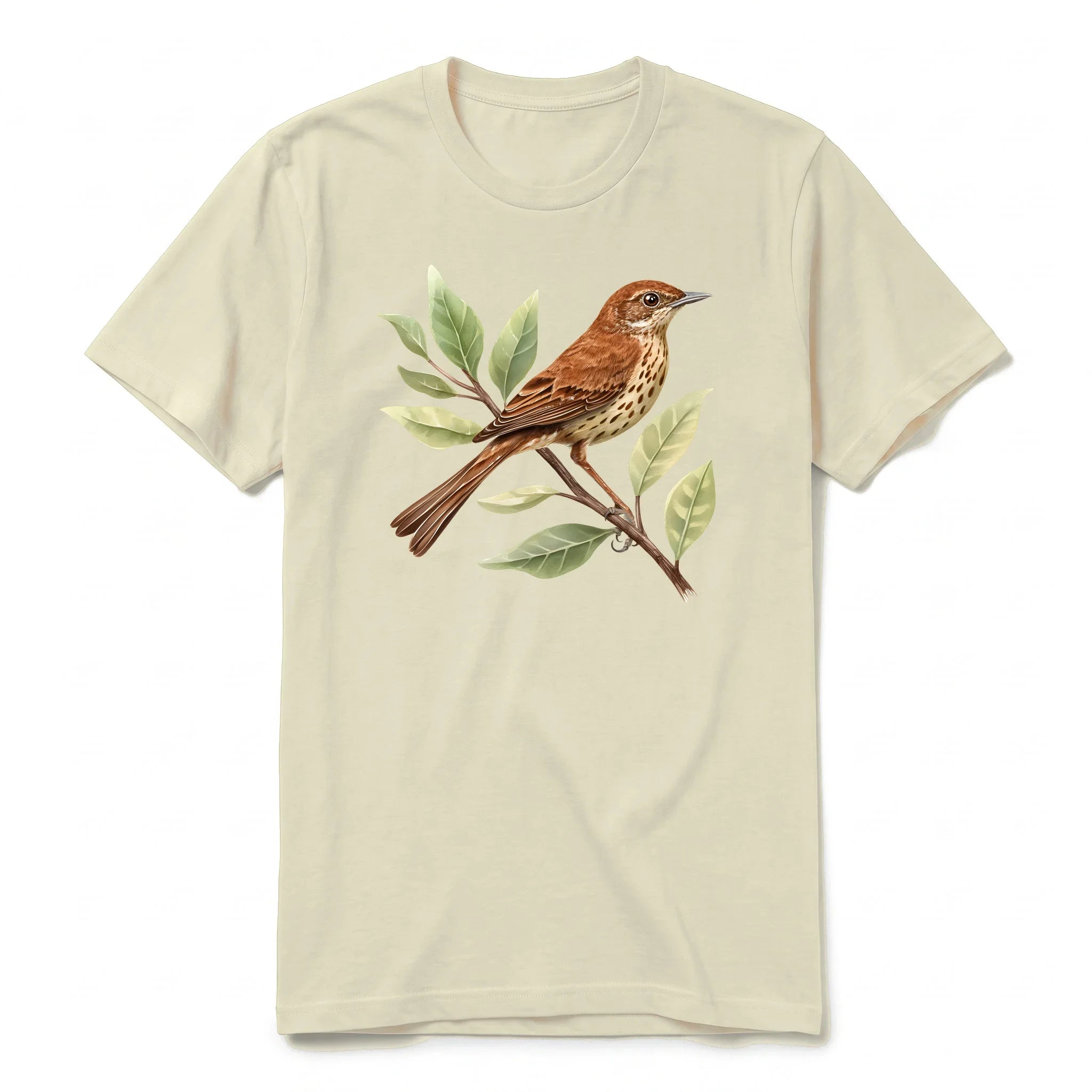 A latte short-sleeve crewneck t-shirt for adult featuring a graphic of a bird on the front.