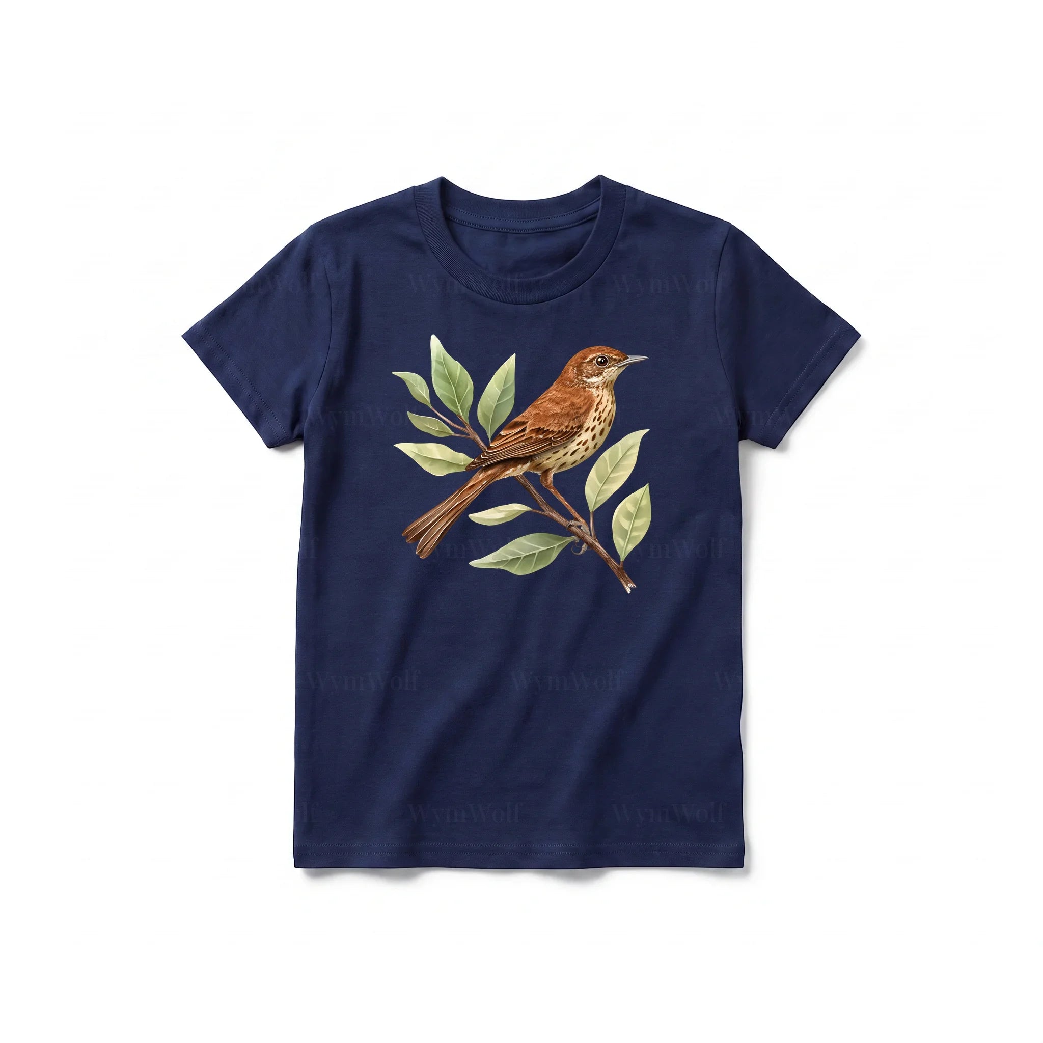 A navy short-sleeve crewneck t-shirt for youth featuring a graphic of a bird on the front.