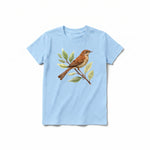 A powder short-sleeve crewneck t-shirt for youth featuring a graphic of a bird on the front.