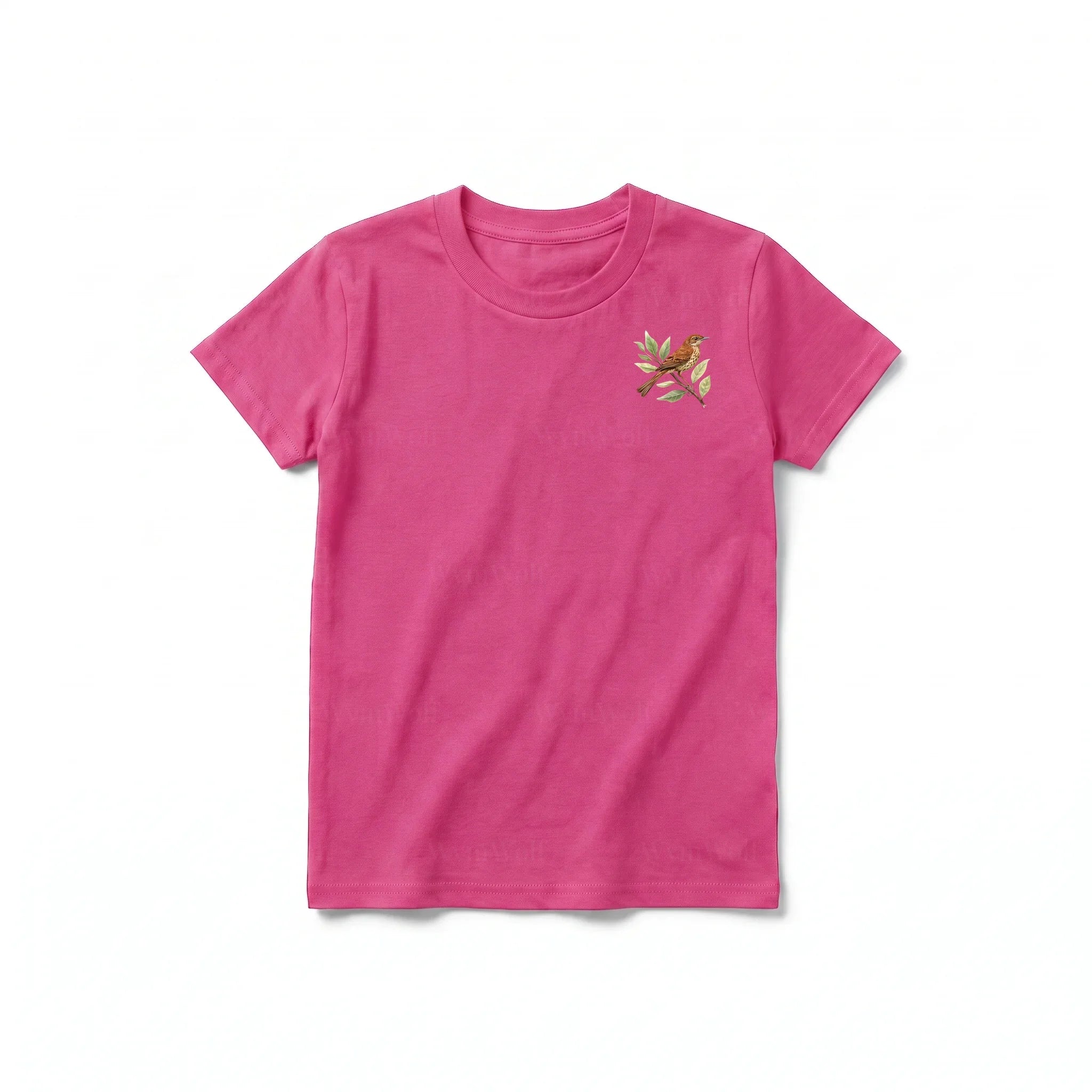 A raspberry short-sleeve crewneck t-shirt for youth featuring a graphic of a bird on the left chest.
