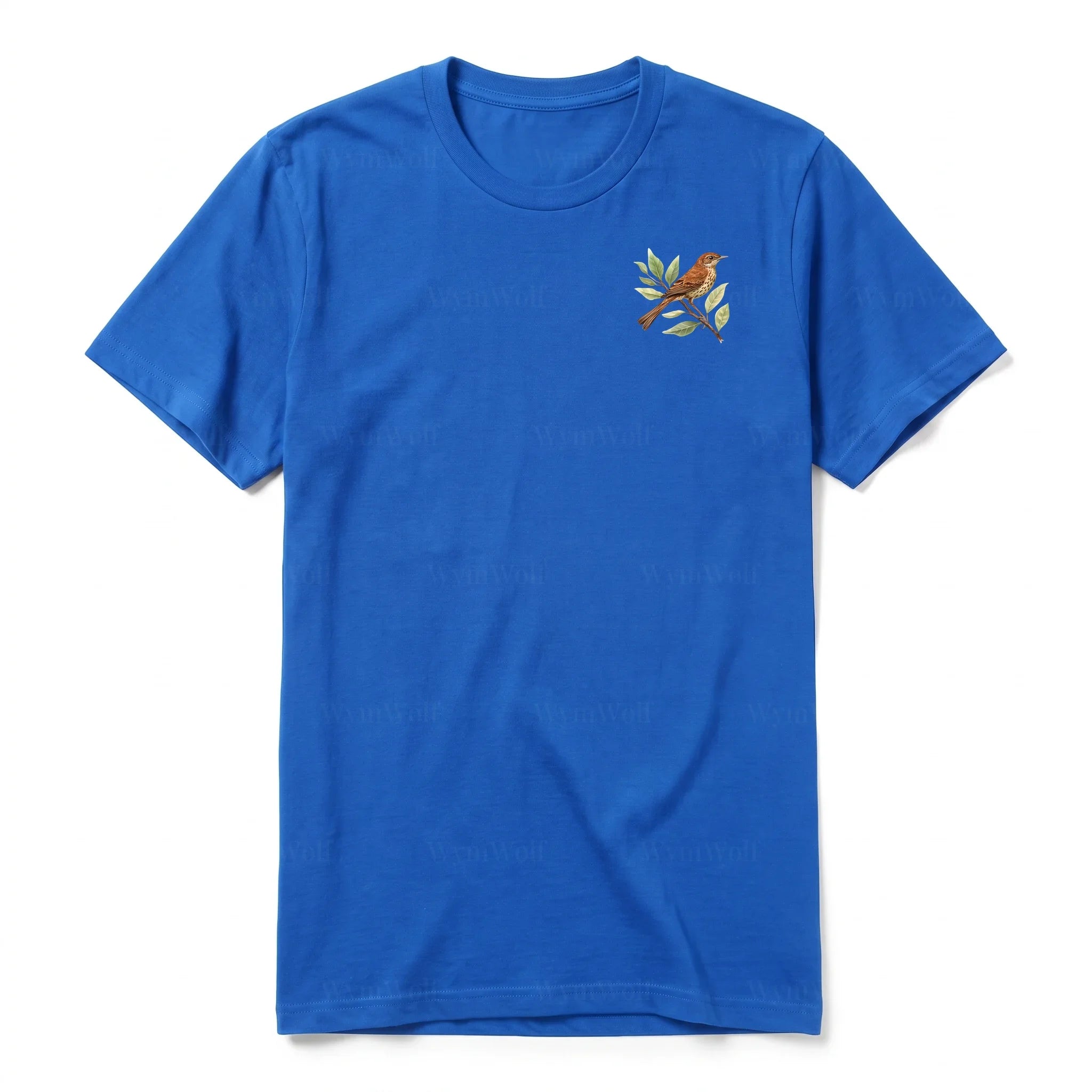 Un T-shirt royal T-shirt à col rond et manches courtes pour adulte, orné d'un motif représentant un oiseau sur la poitrine gauche.