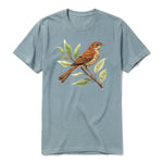 A sage short-sleeve crewneck t-shirt for adult featuring a graphic of a bird on the front.