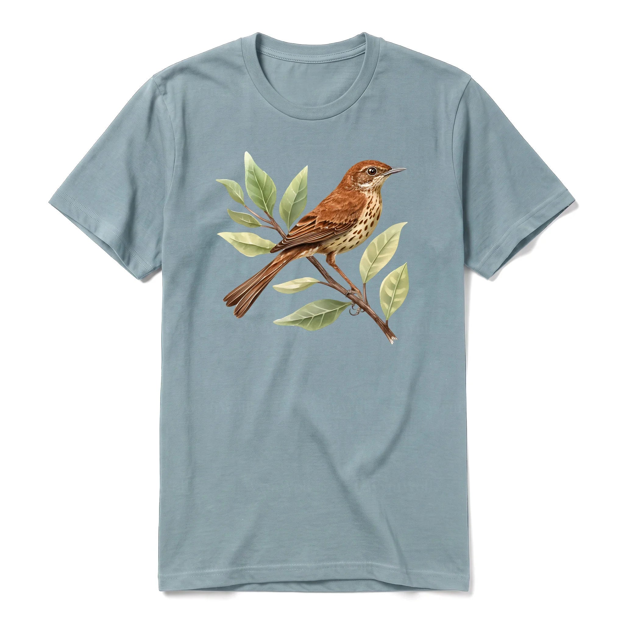 A sage short-sleeve crewneck t-shirt for adult featuring a graphic of a bird on the front.