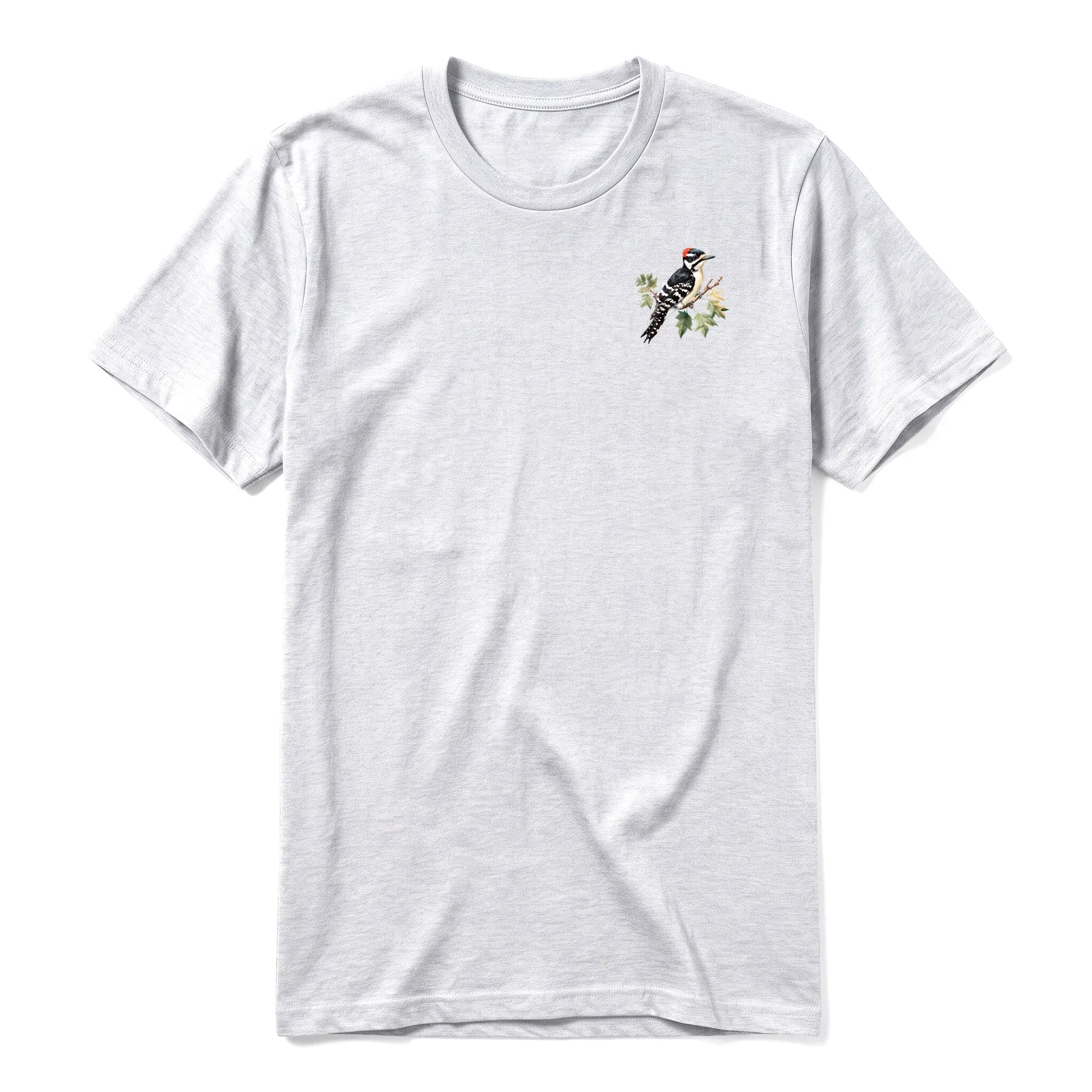 A ash grey short-sleeve crewneck t-shirt for adult featuring a graphic of a bird on the left chest.