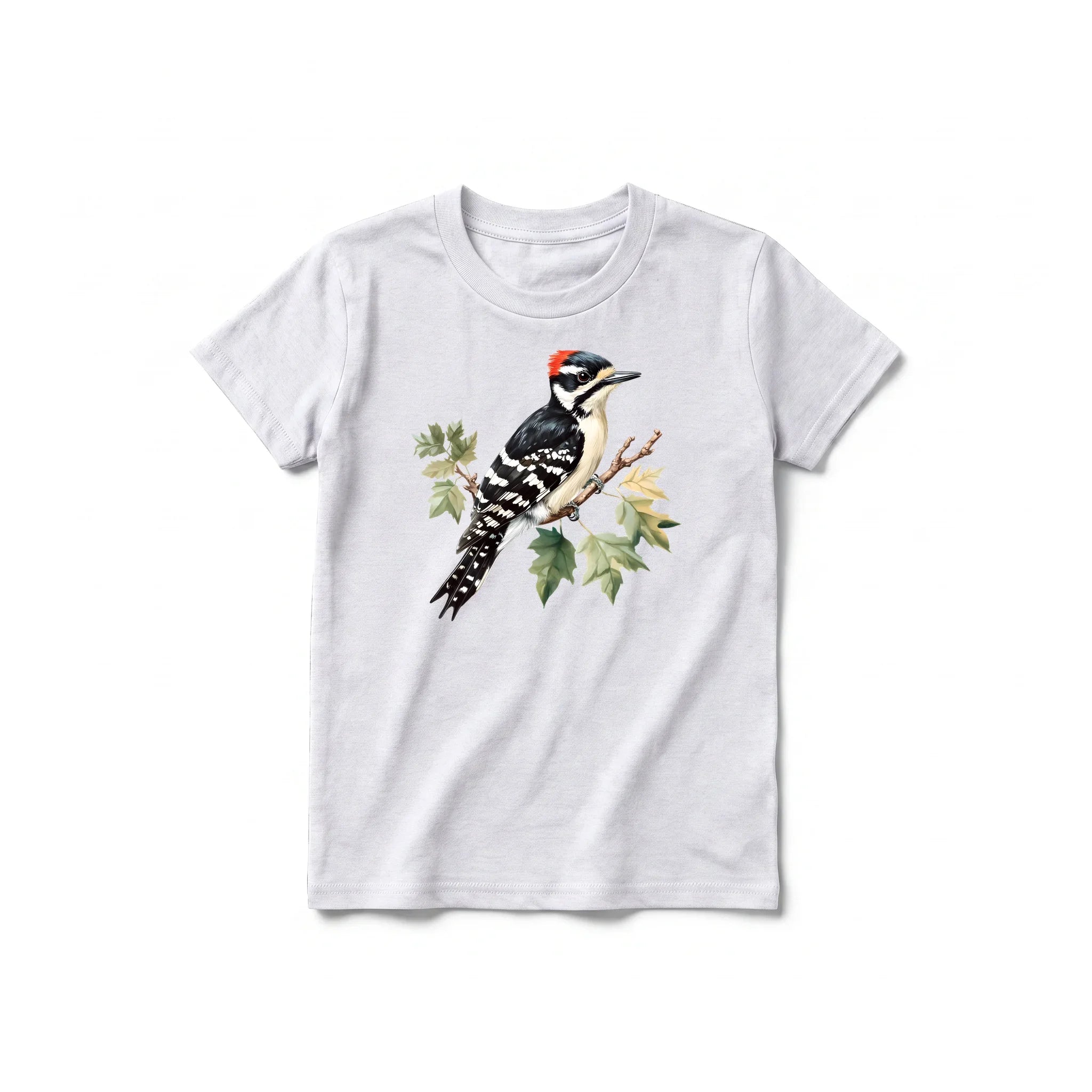 A ash grey short-sleeve crewneck t-shirt for youth featuring a graphic of a bird on the front.