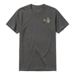 A charcoal short-sleeve crewneck t-shirt for adult featuring a graphic of a bird on the left chest.