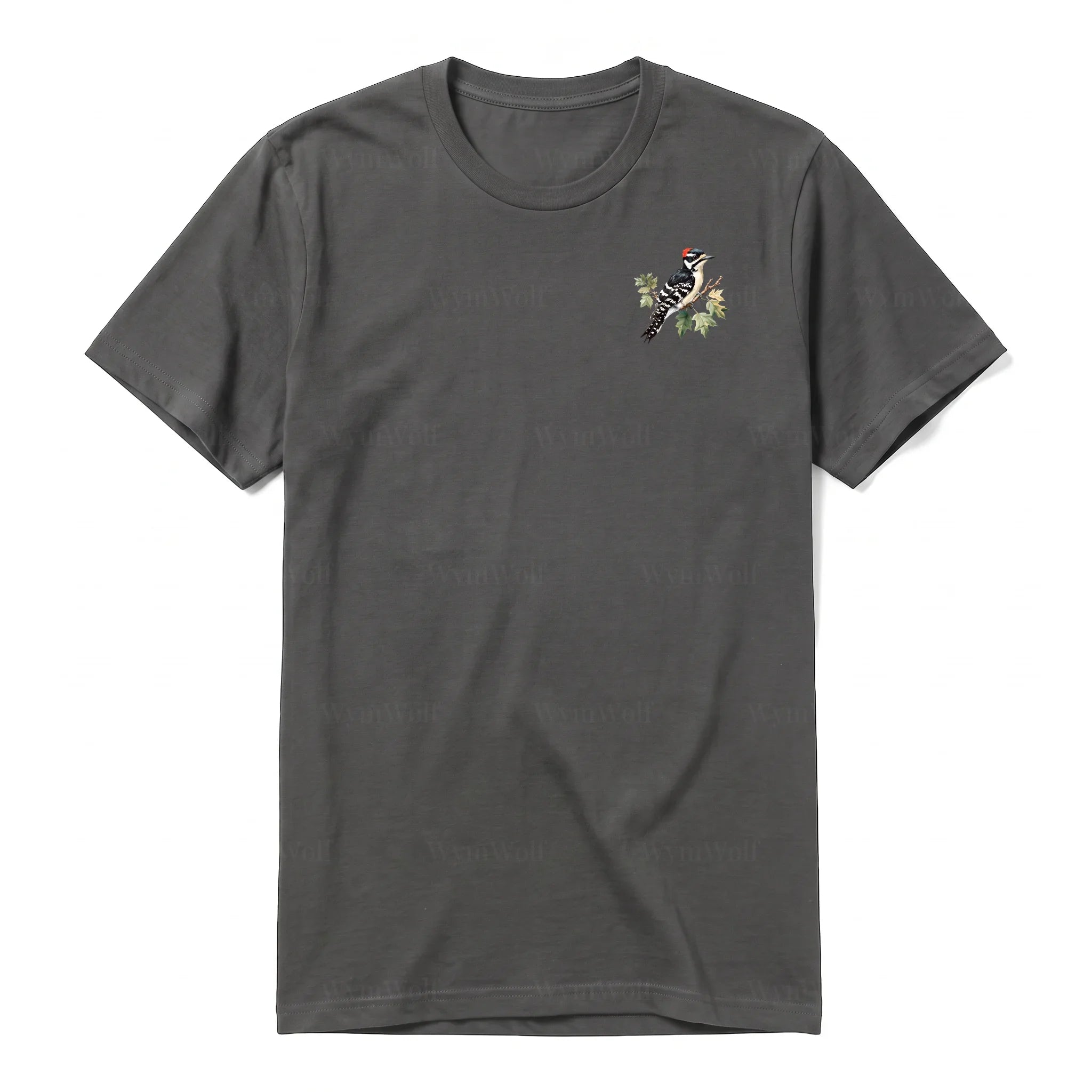 A charcoal short-sleeve crewneck t-shirt for adult featuring a graphic of a bird on the left chest.