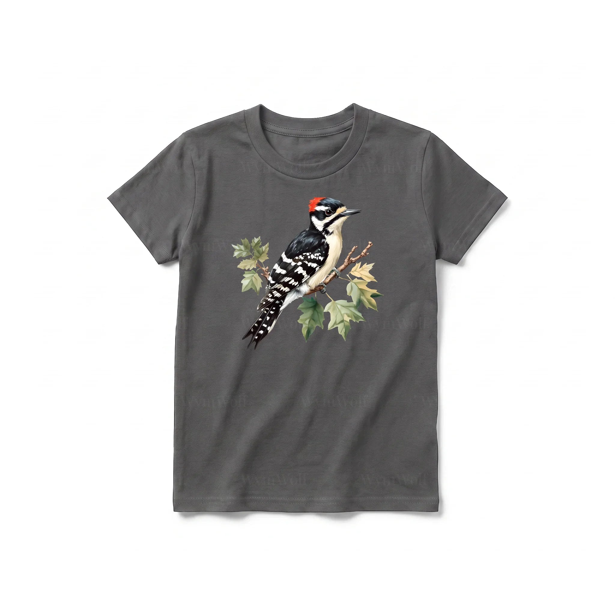 A charcoal short-sleeve crewneck t-shirt for youth featuring a graphic of a bird on the front.
