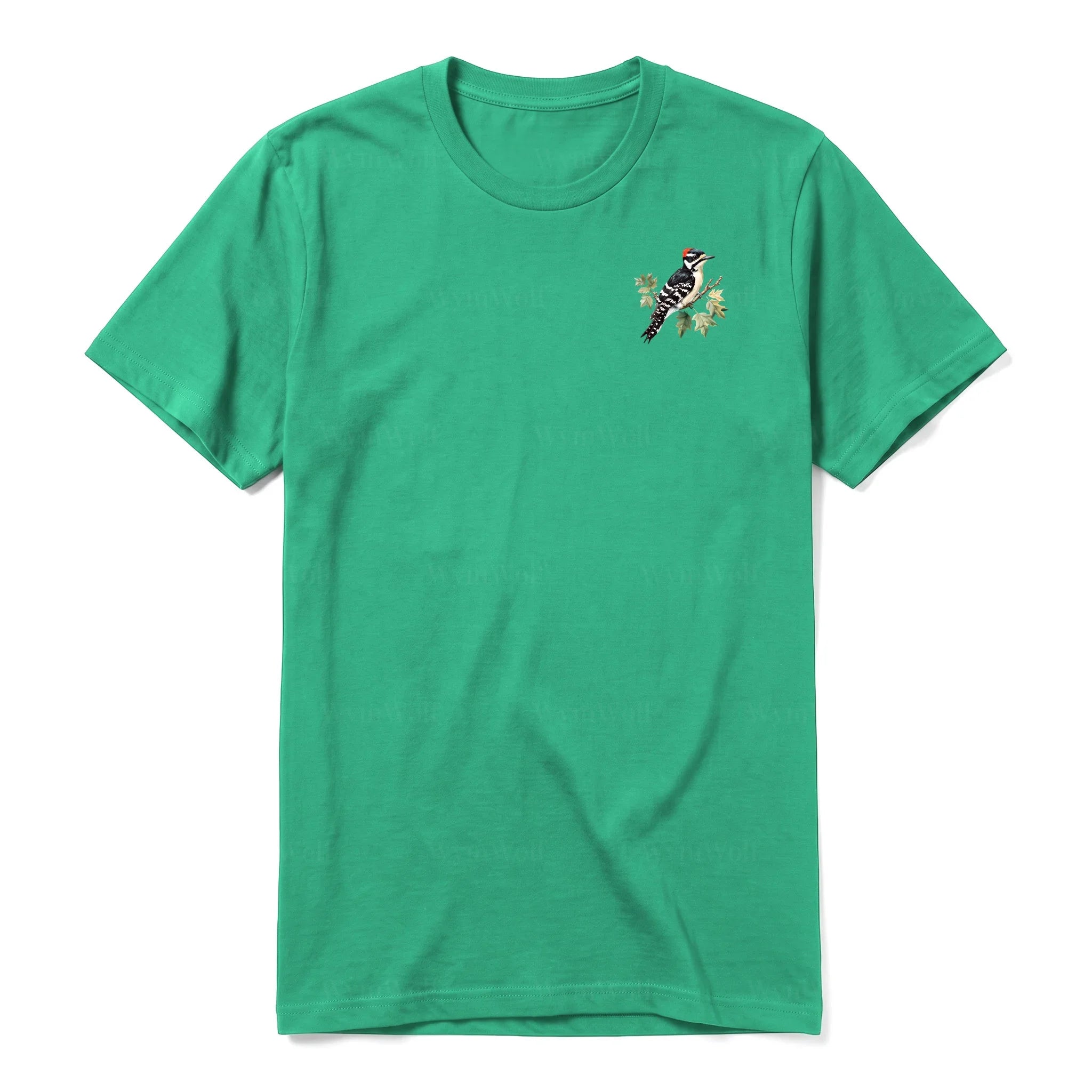 A kelly short-sleeve crewneck t-shirt for adult featuring a graphic of a bird on the left chest.