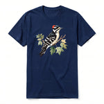 A navy short-sleeve crewneck t-shirt for adult featuring a graphic of a bird on the front.
