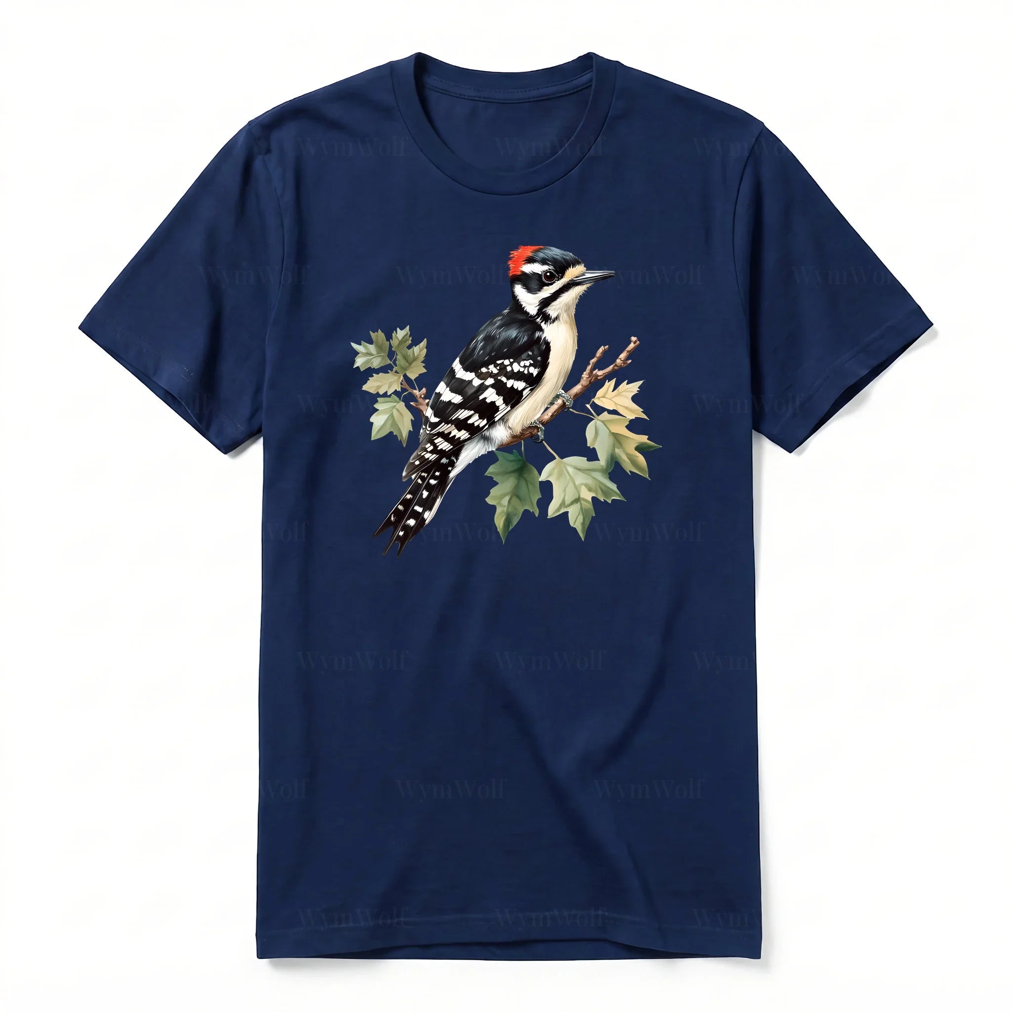 A navy short-sleeve crewneck t-shirt for adult featuring a graphic of a bird on the front.