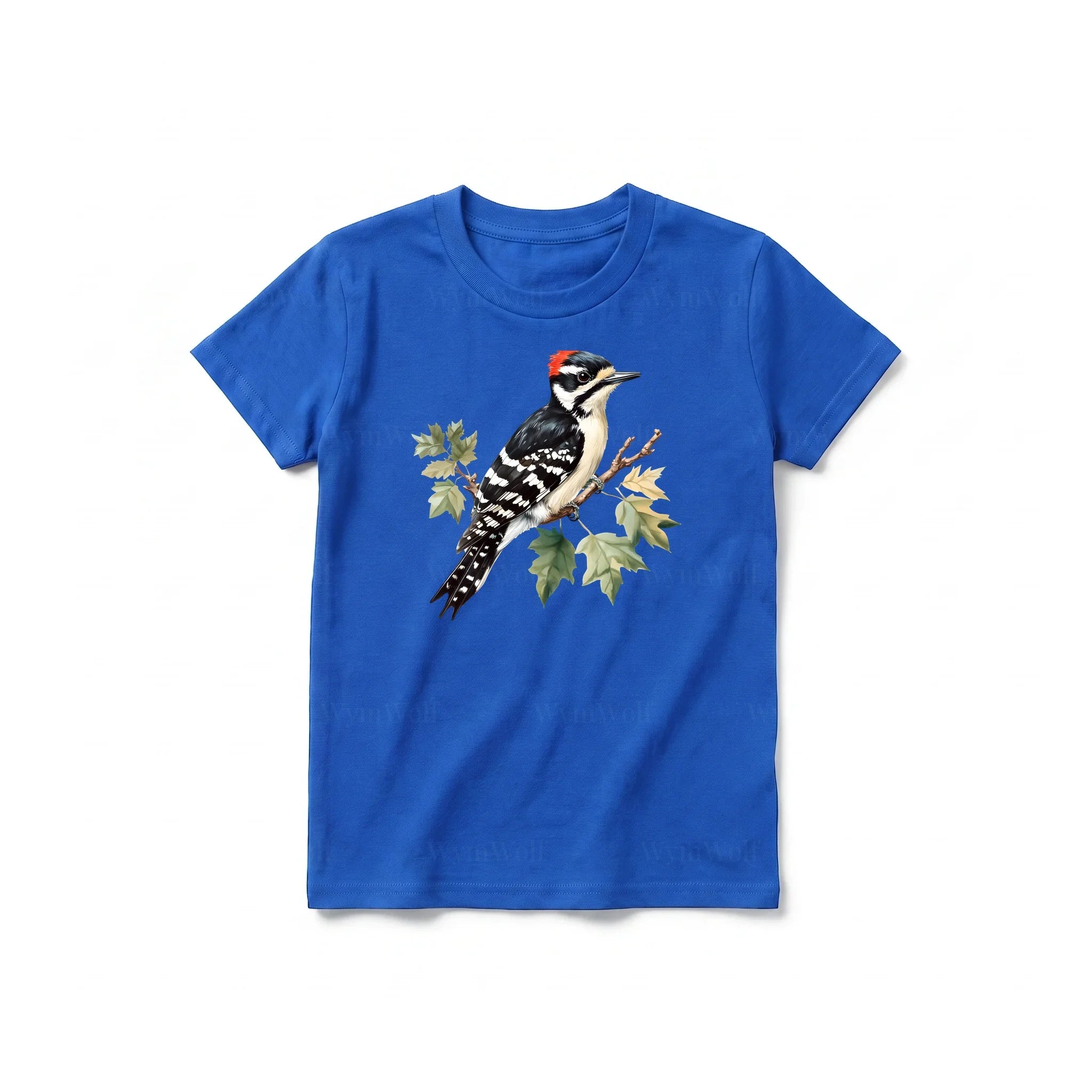 A royal short-sleeve crewneck t-shirt for youth featuring a graphic of a bird on the front.