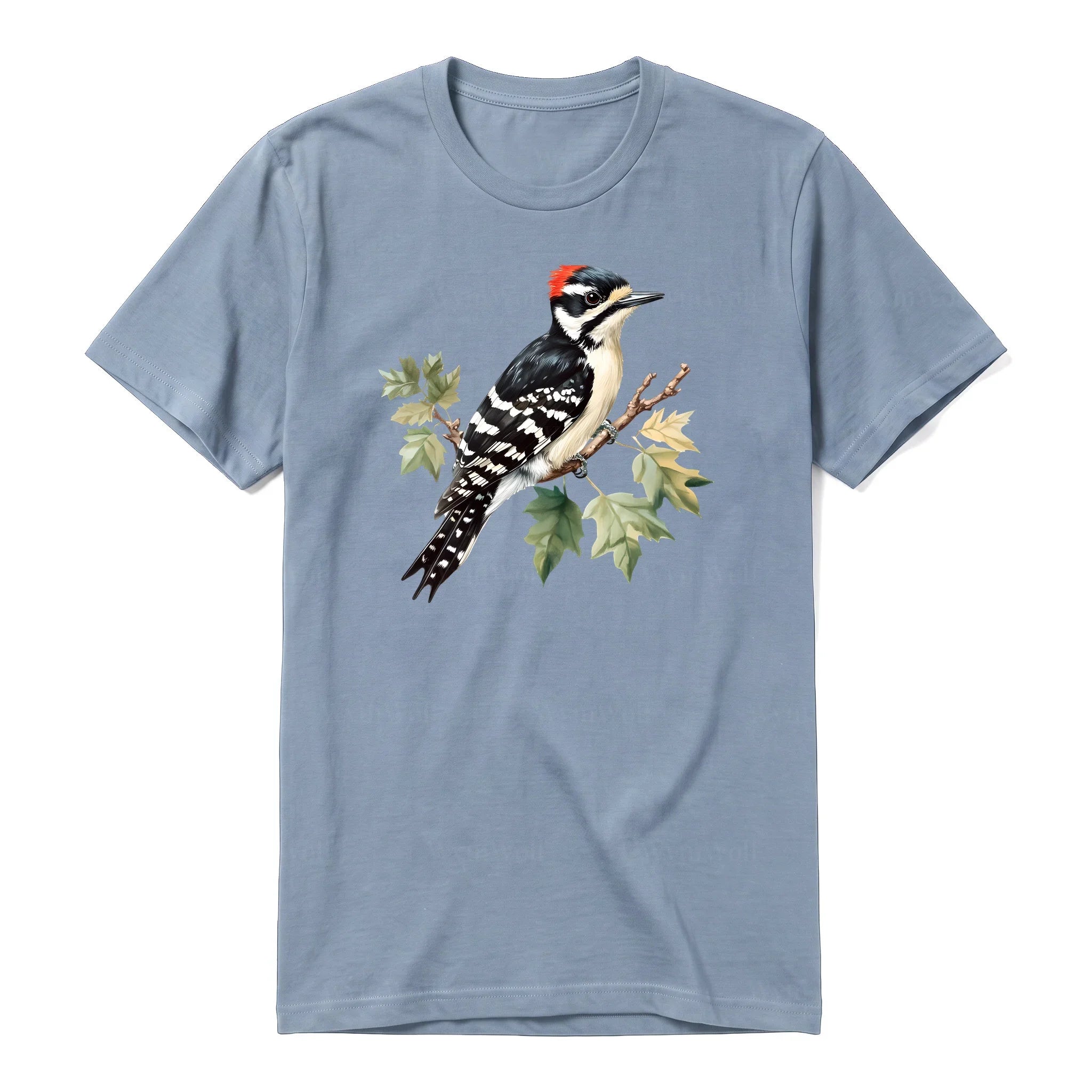 Un T-shirt steel-blue T-shirt à col rond et manches courtes pour adulte, orné d'un motif représentant un oiseau sur le devant.