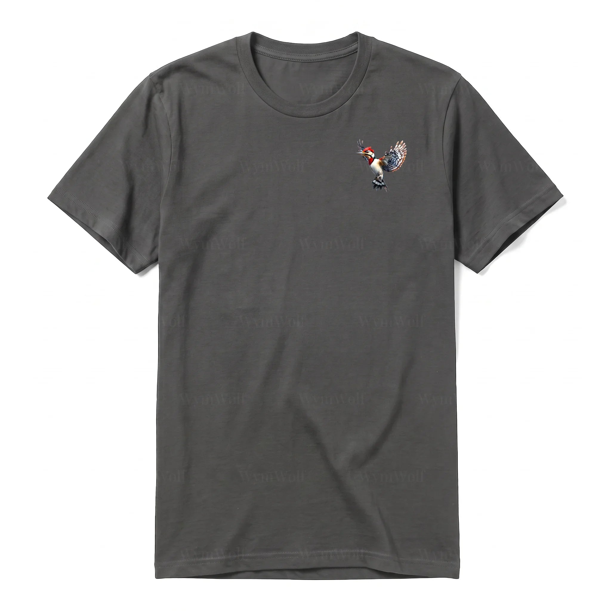 A charcoal short-sleeve crewneck t-shirt for adult featuring a graphic of a bird on the left chest.