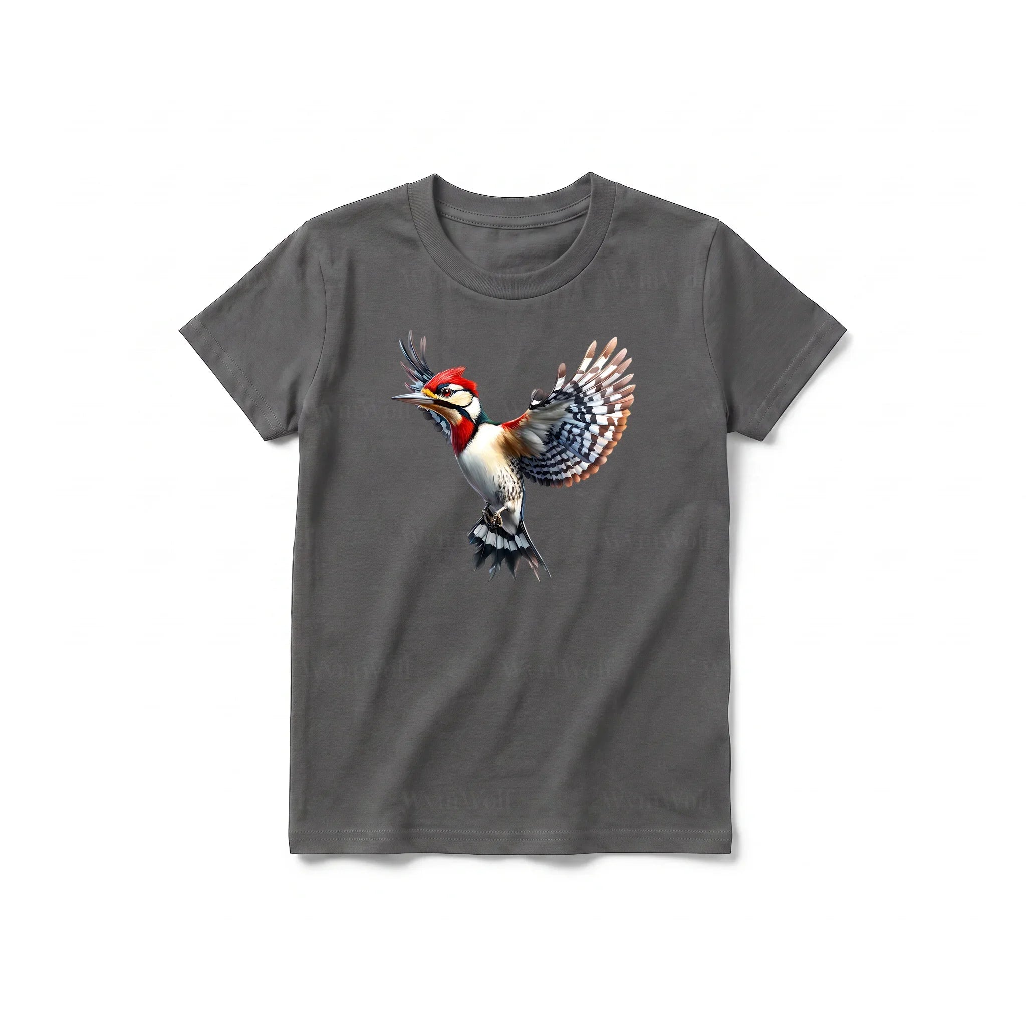 A charcoal short-sleeve crewneck t-shirt for youth featuring a graphic of a bird on the front.