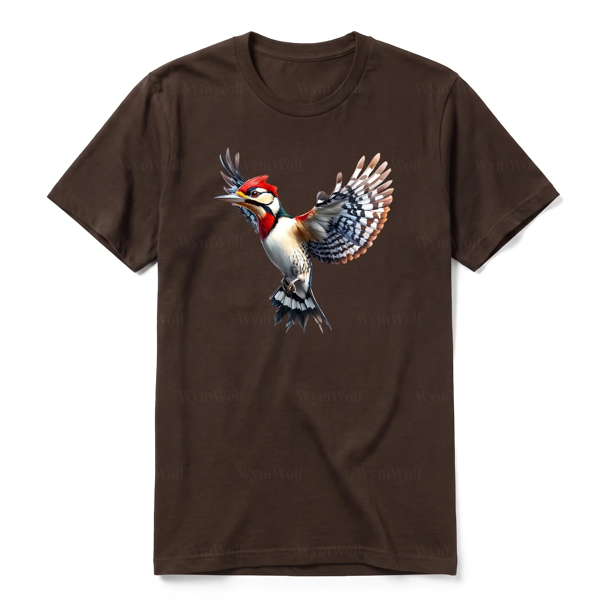 A chocolate short-sleeve crewneck t-shirt for adult featuring a graphic of a bird on the front.