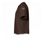 A chocolate short-sleeve crewneck t-shirt  featuring a small graphic of a bird on the upper left sleeve.