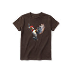 A chocolate short-sleeve crewneck t-shirt for youth featuring a graphic of a bird on the front.