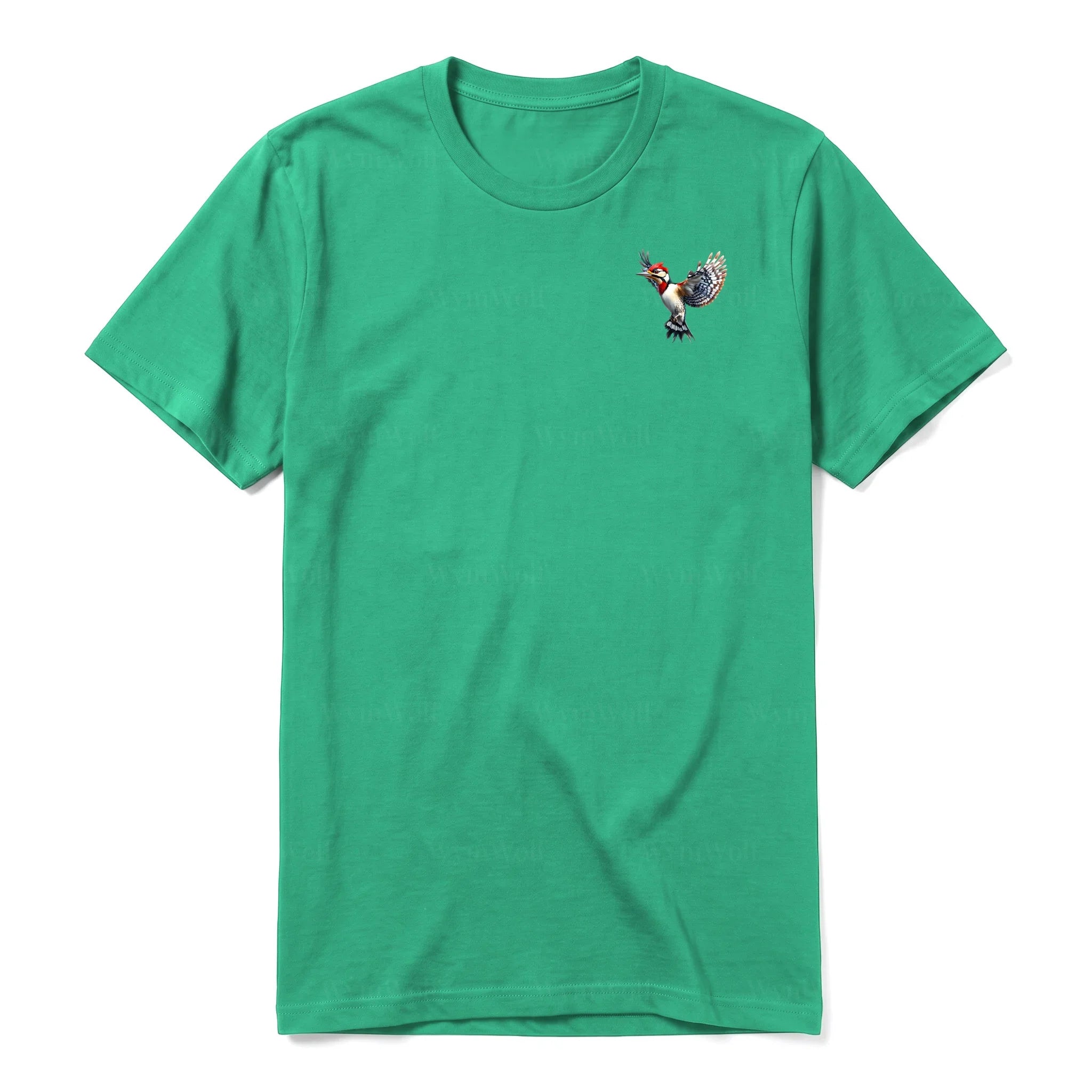 A kelly short-sleeve crewneck t-shirt for adult featuring a graphic of a bird on the left chest.