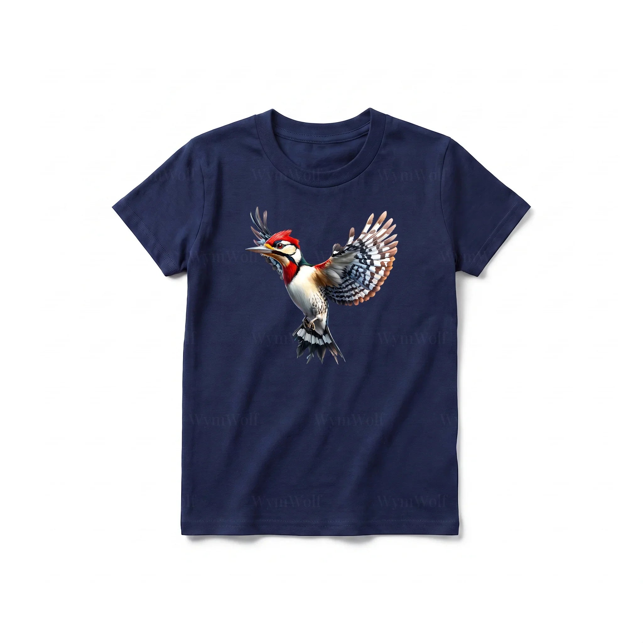 Un T-shirt marine à manches courtes et col rond pour jeune, orné d'un motif représentant un oiseau sur le devant.