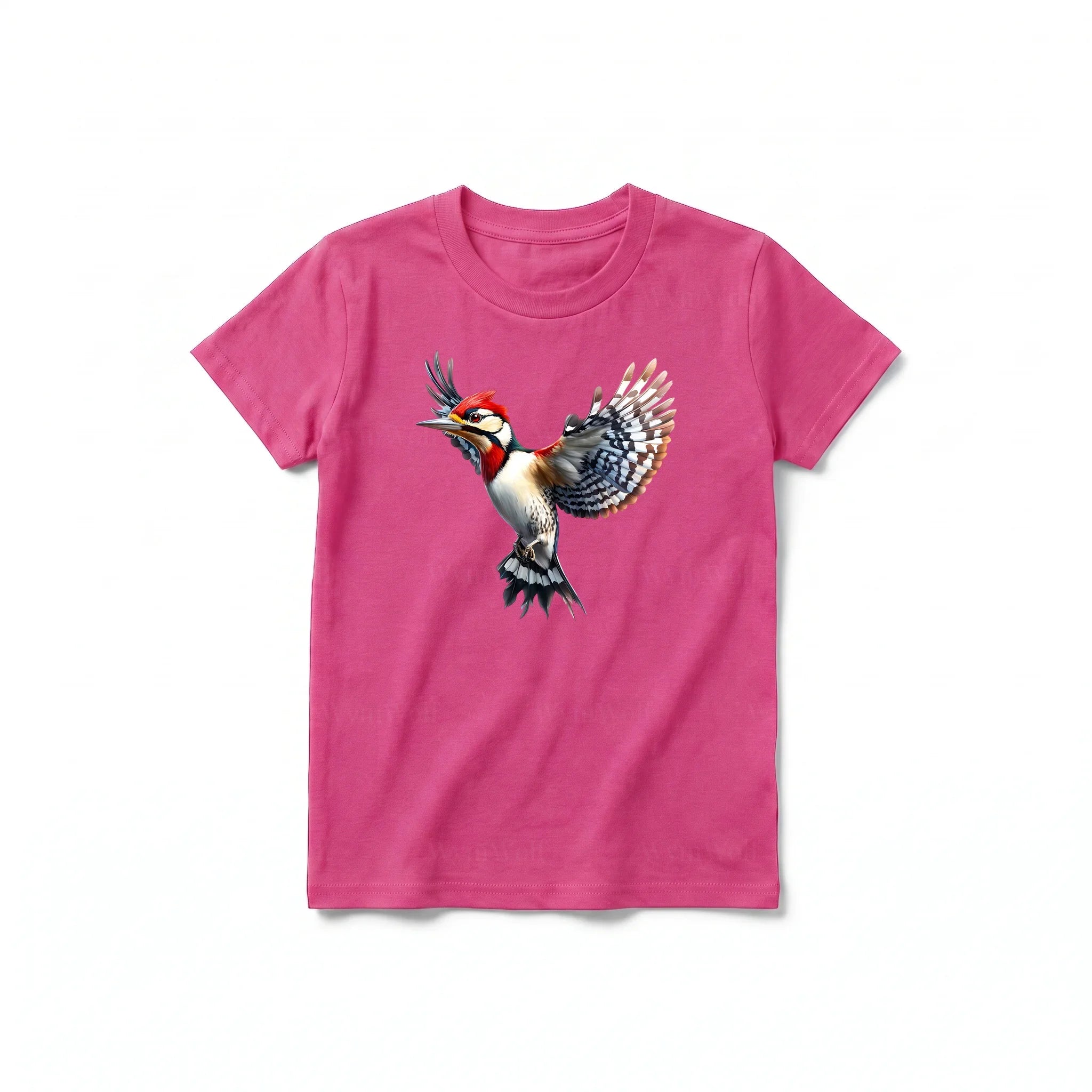Un T-shirt framboise à manches courtes et col rond pour jeune, orné d'un motif représentant un oiseau sur le devant.