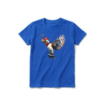 A royal short-sleeve crewneck t-shirt for youth featuring a graphic of a bird on the front.