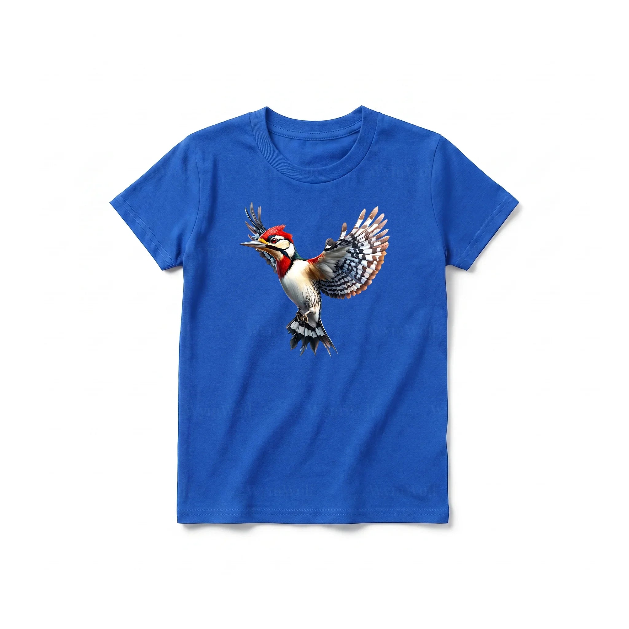 A royal short-sleeve crewneck t-shirt for youth featuring a graphic of a bird on the front.