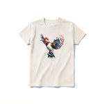 Un T-shirt blanc vintage à manches courtes et col rond pour jeune, orné d'un motif représentant un oiseau sur le devant.