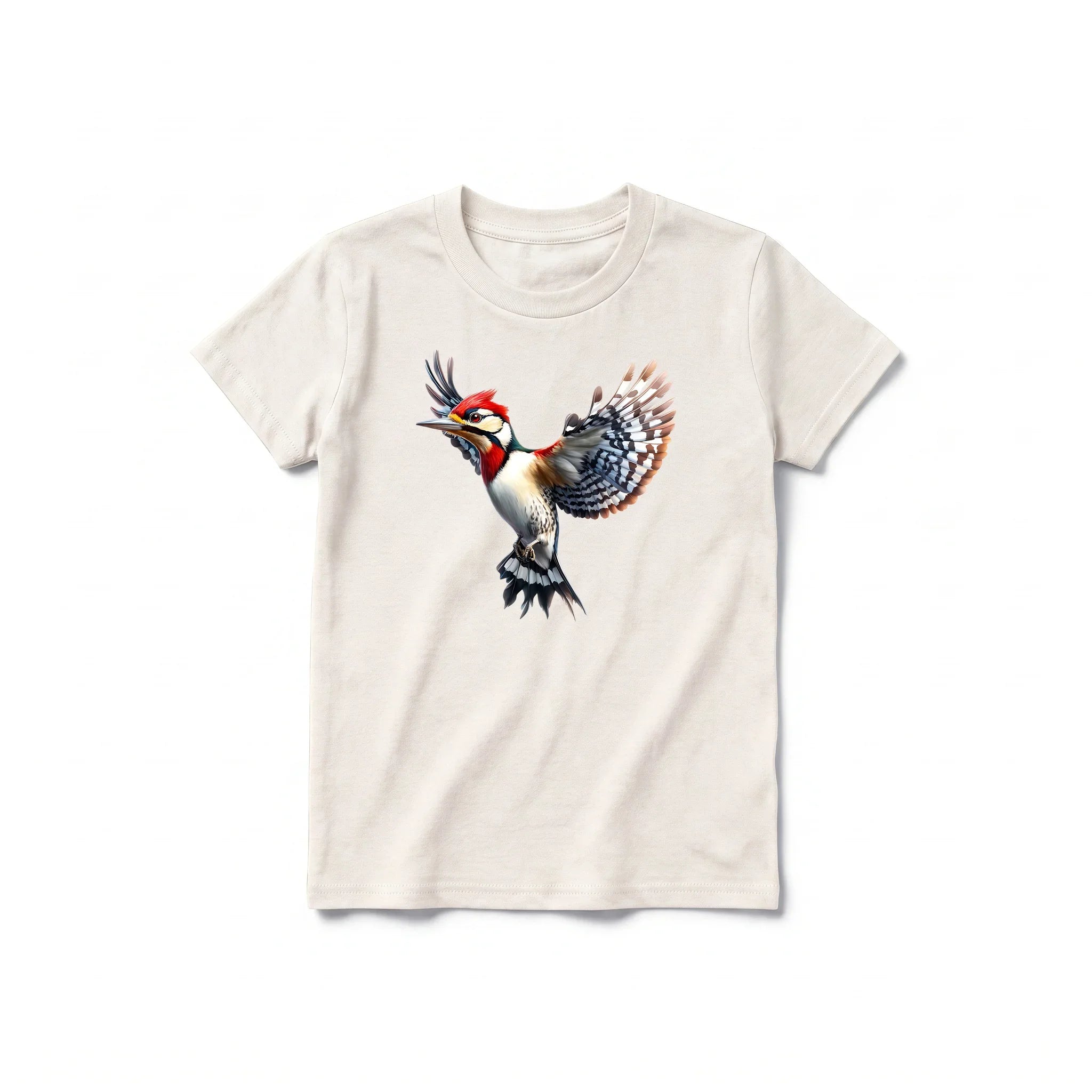 Un T-shirt blanc vintage à manches courtes et col rond pour jeune, orné d'un motif représentant un oiseau sur le devant.