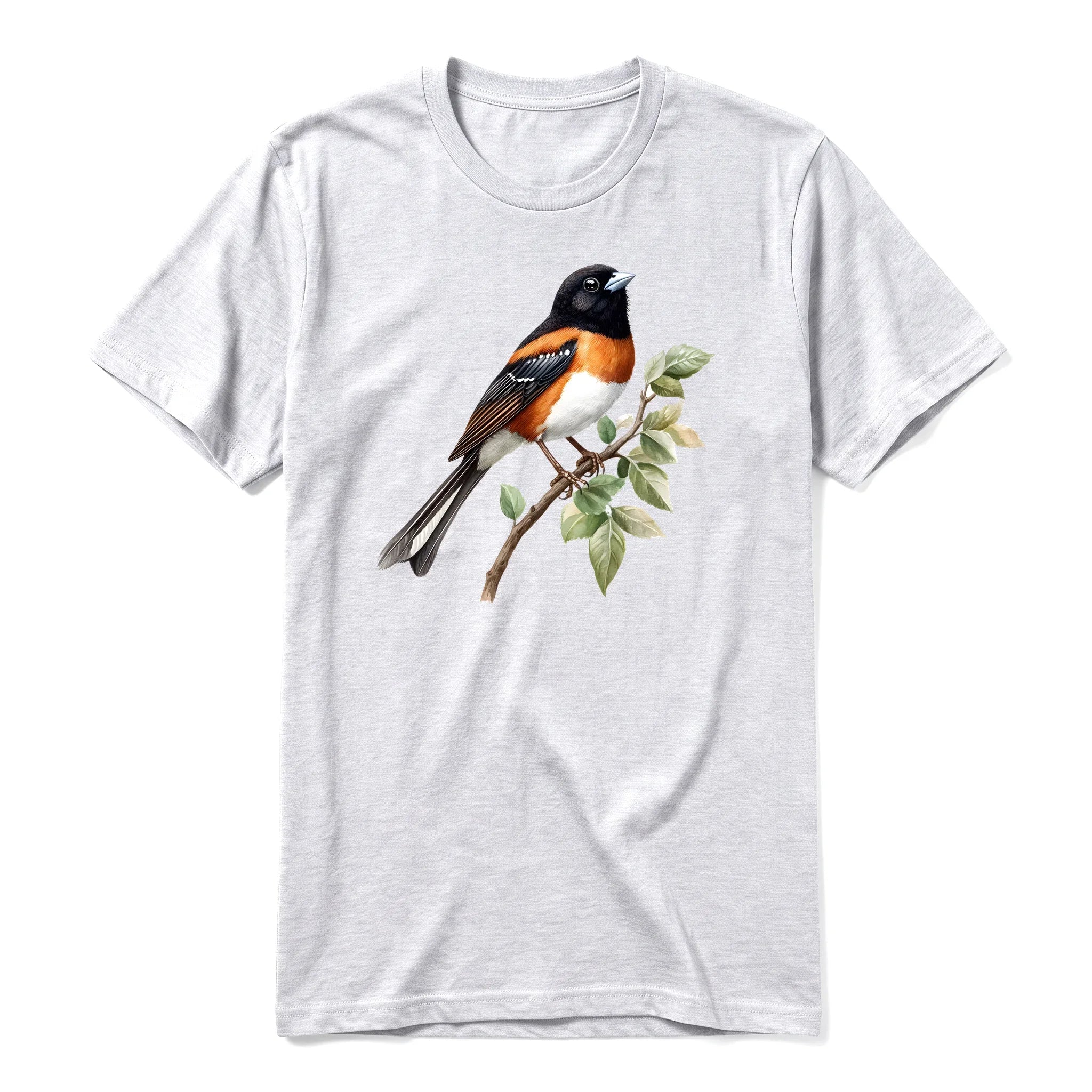 Un T-shirt gris cendré T-shirt à col rond et manches courtes pour adulte, orné d'un motif représentant un oiseau sur le devant.