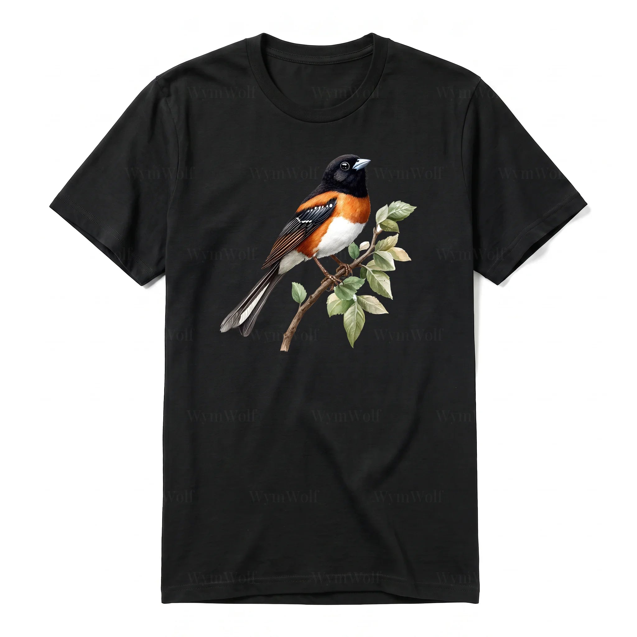 Un T-shirt noir T-shirt à col rond et manches courtes pour adulte, orné d'un motif représentant un oiseau sur le devant.