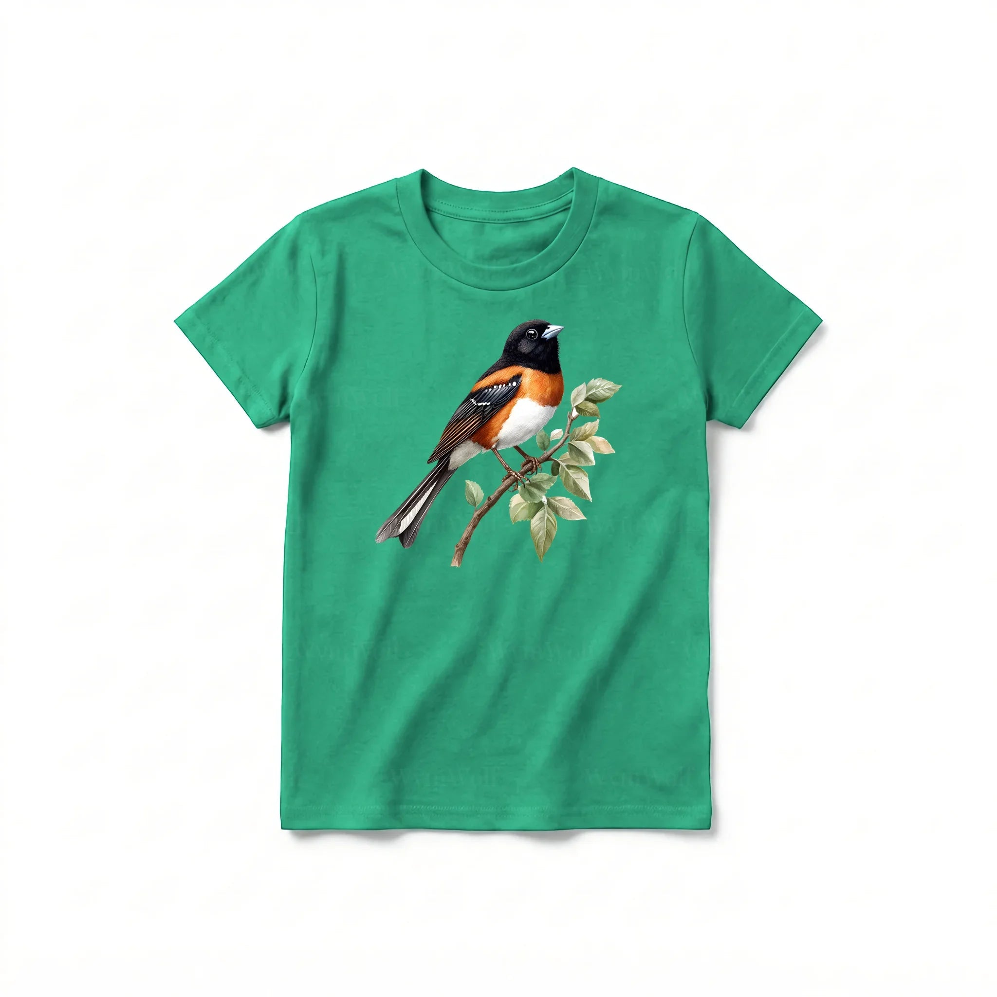 Un T-shirt kelly à manches courtes et col rond pour jeune, orné d'un motif représentant un oiseau sur le devant.
