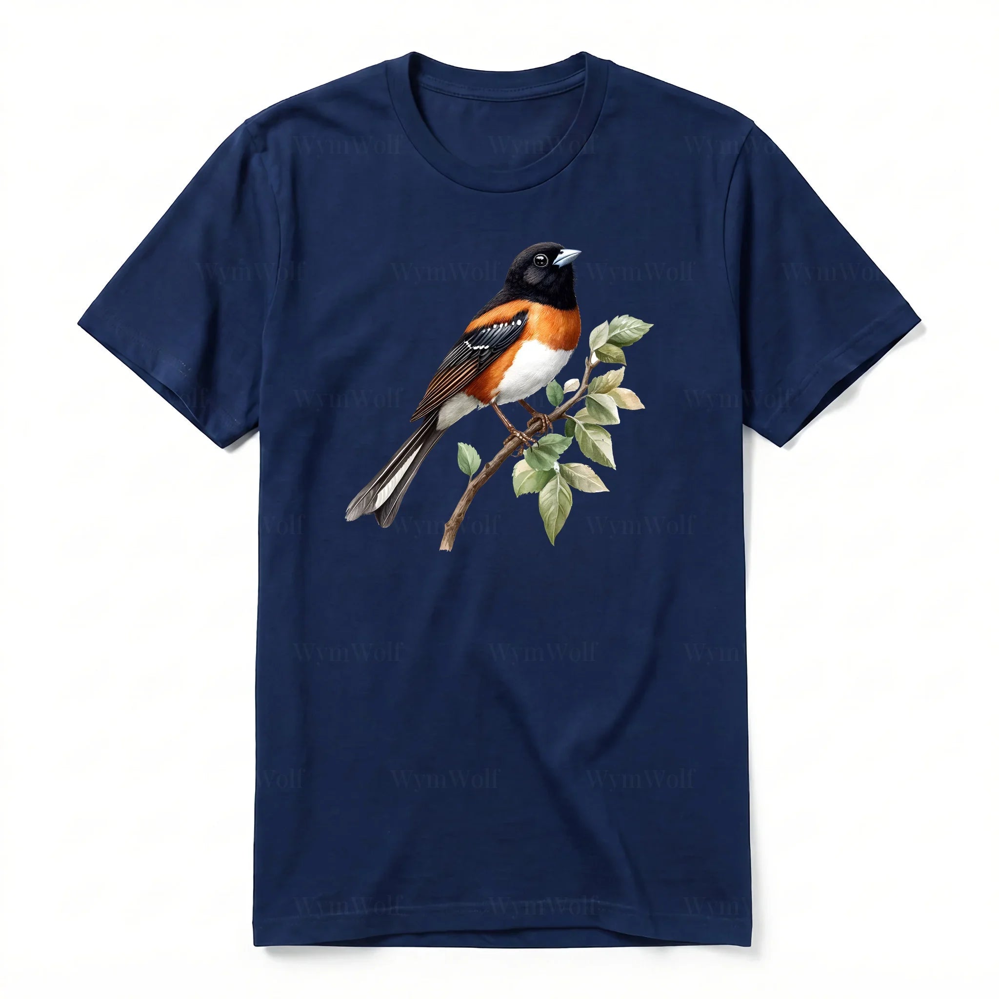 Un T-shirt marine T-shirt à col rond et manches courtes pour adulte, orné d'un motif représentant un oiseau sur le devant.