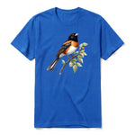 A royal short-sleeve crewneck t-shirt for adult featuring a graphic of a bird on the front.