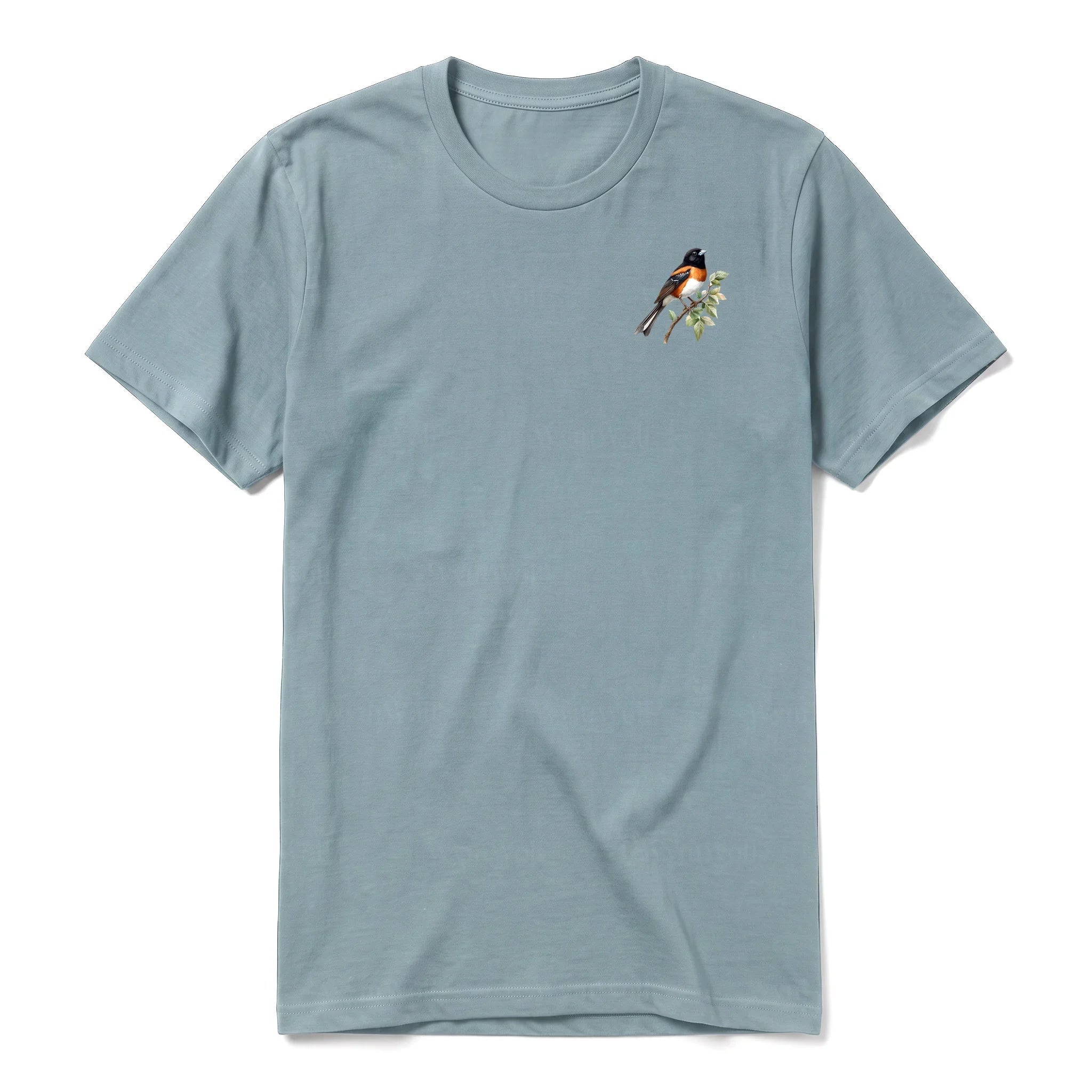A sage short-sleeve crewneck t-shirt for adult featuring a graphic of a bird on the left chest.