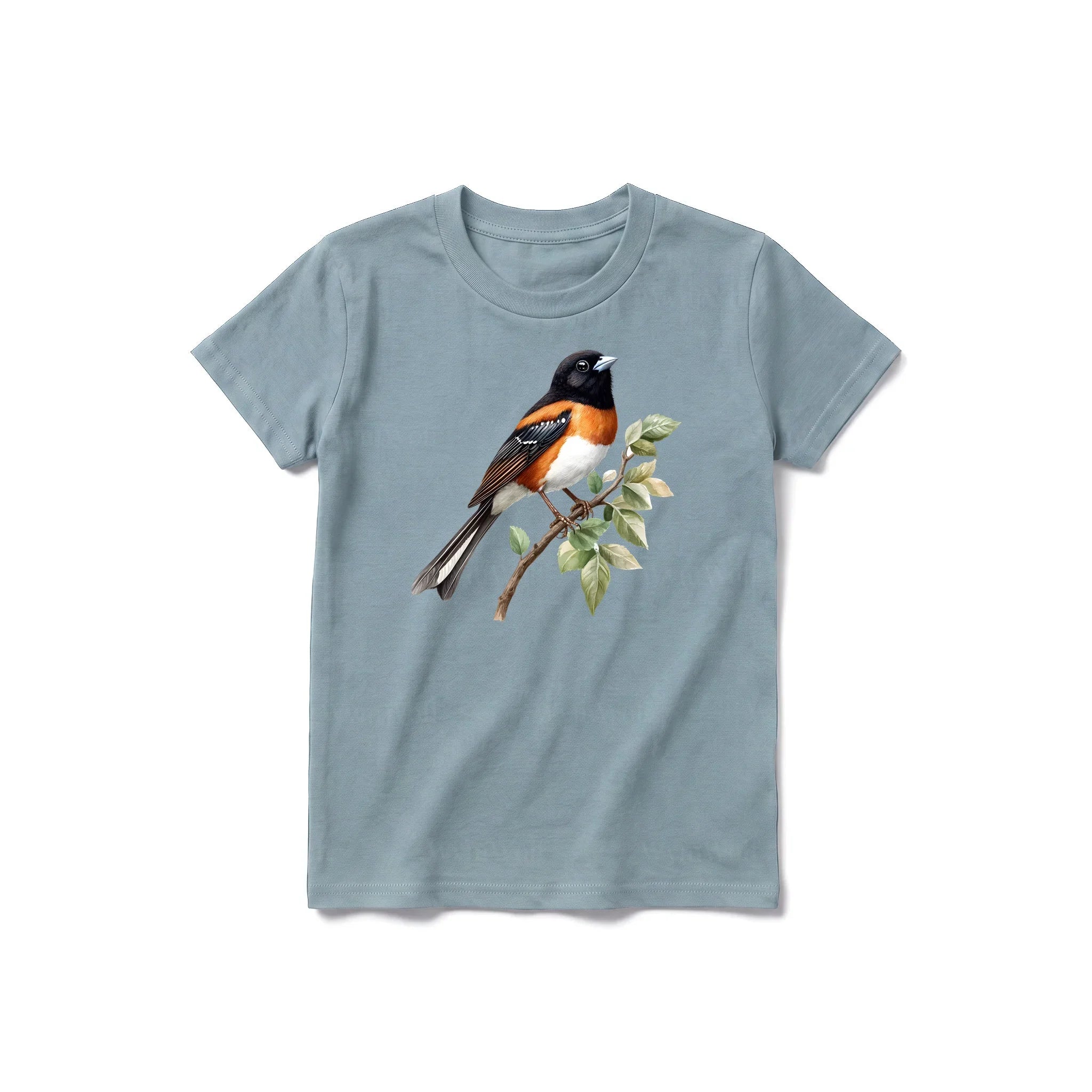 A sage short-sleeve crewneck t-shirt for youth featuring a graphic of a bird on the front.