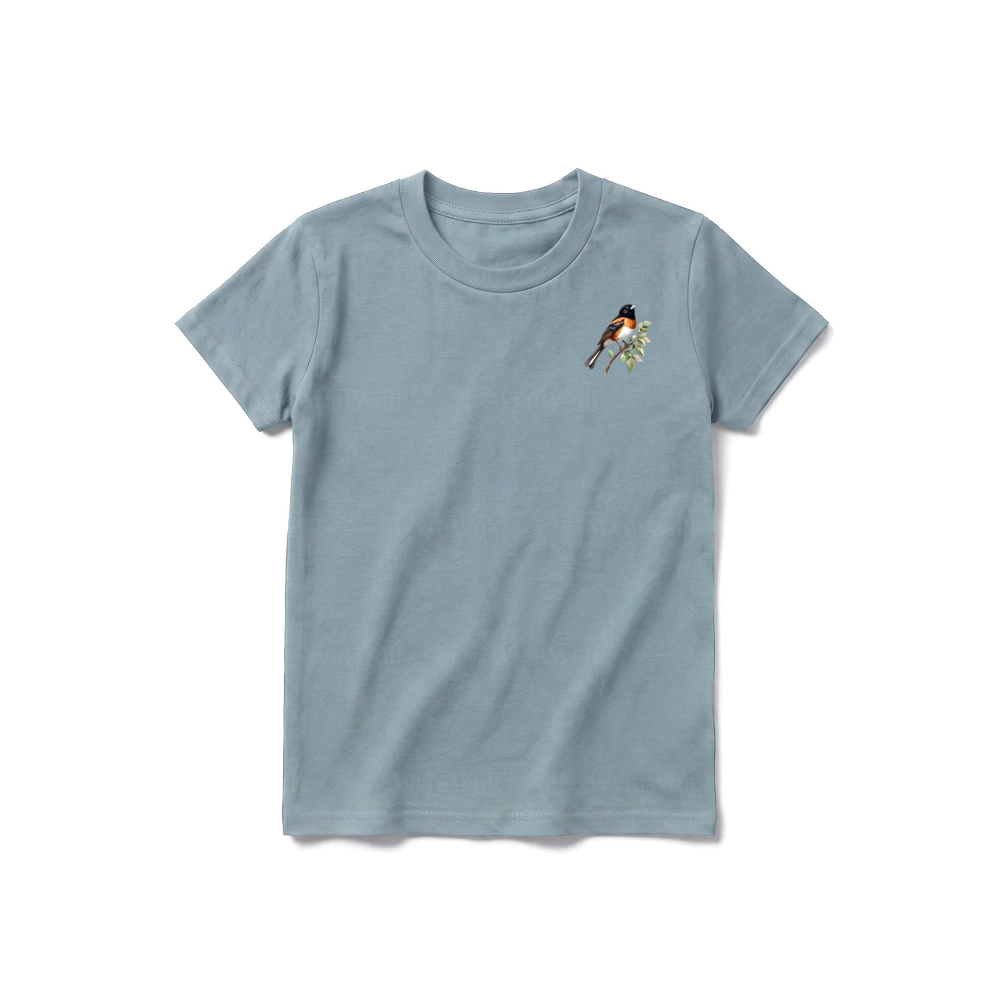 A sage short-sleeve crewneck t-shirt for youth featuring a graphic of a bird on the left chest.