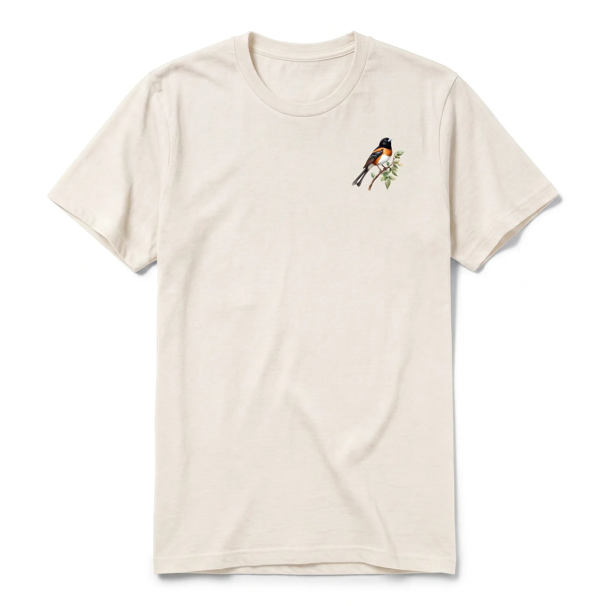 A vintage-white short-sleeve crewneck t-shirt for adult featuring a graphic of a bird on the left chest.