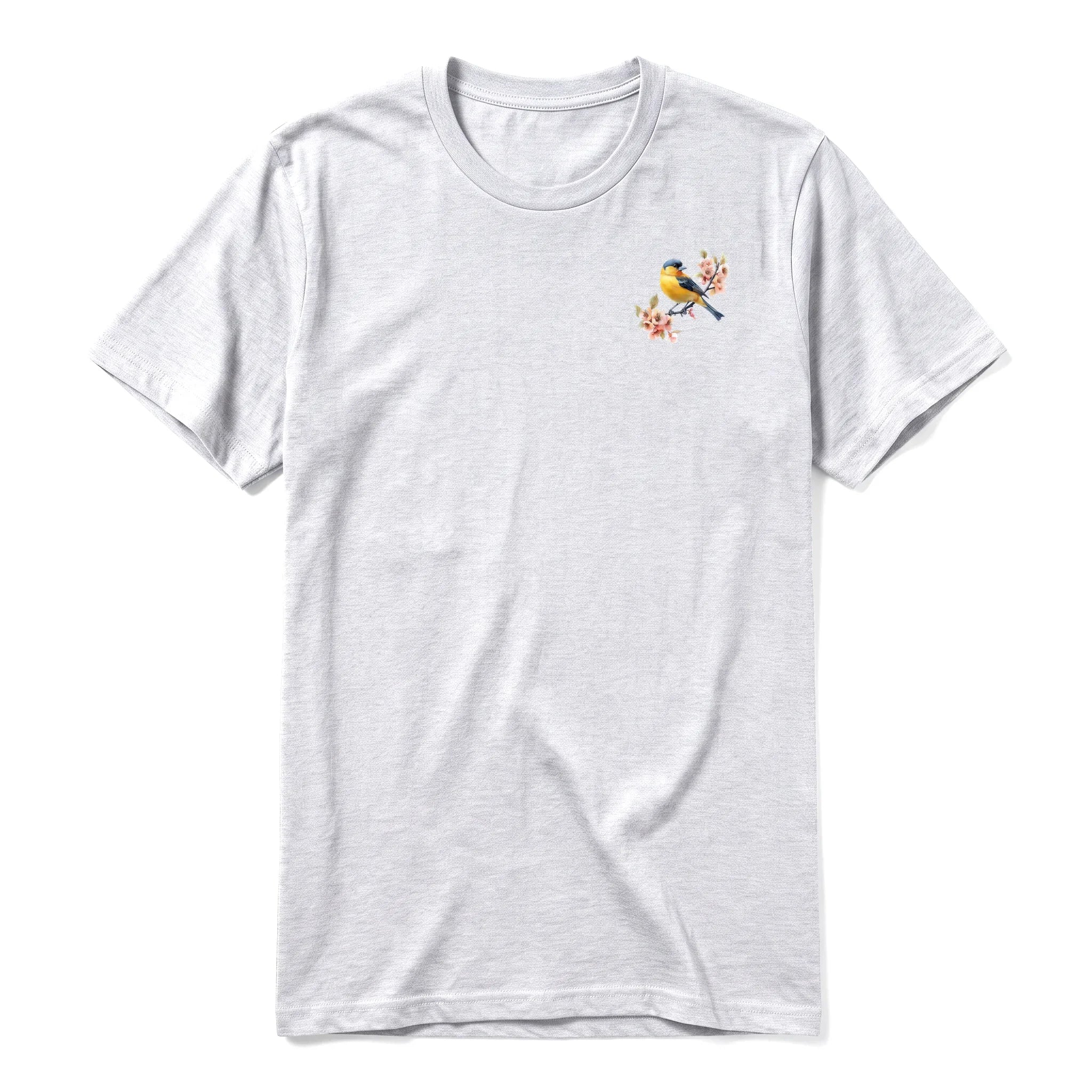 A ash grey short-sleeve crewneck t-shirt for adult featuring a graphic of a bird on the left chest.