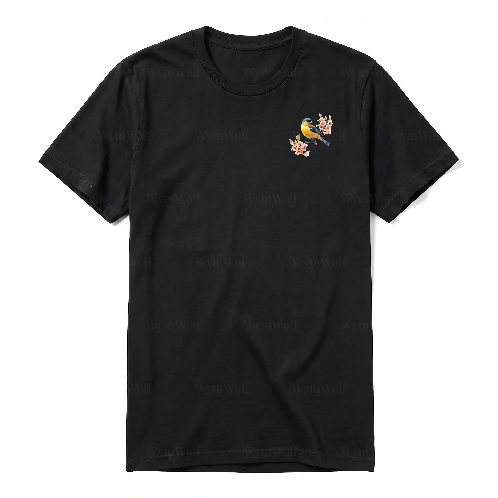 A black short-sleeve crewneck t-shirt for adult featuring a graphic of a bird on the left chest.