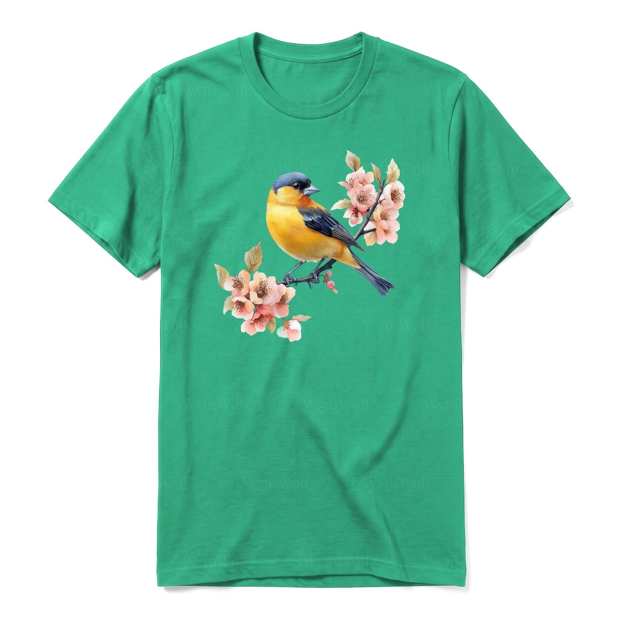 Un T-shirt kelly T-shirt à col rond et manches courtes pour adulte, orné d'un motif représentant un oiseau sur le devant.