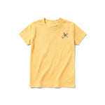 A mustard short-sleeve crewneck t-shirt for youth featuring a graphic of a bird on the left chest.