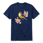 A navy short-sleeve crewneck t-shirt for adult featuring a graphic of a bird on the front.