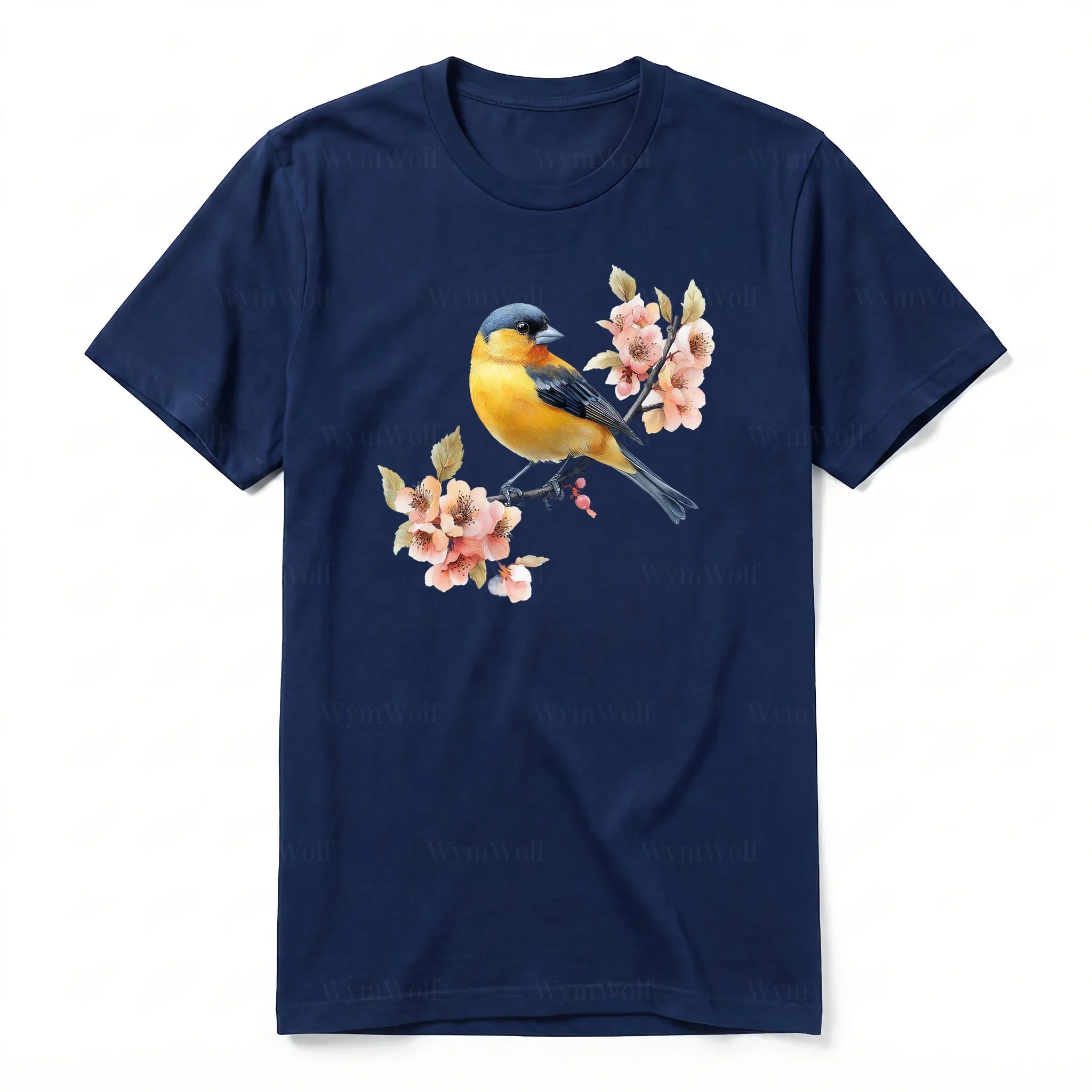 A navy short-sleeve crewneck t-shirt for adult featuring a graphic of a bird on the front.