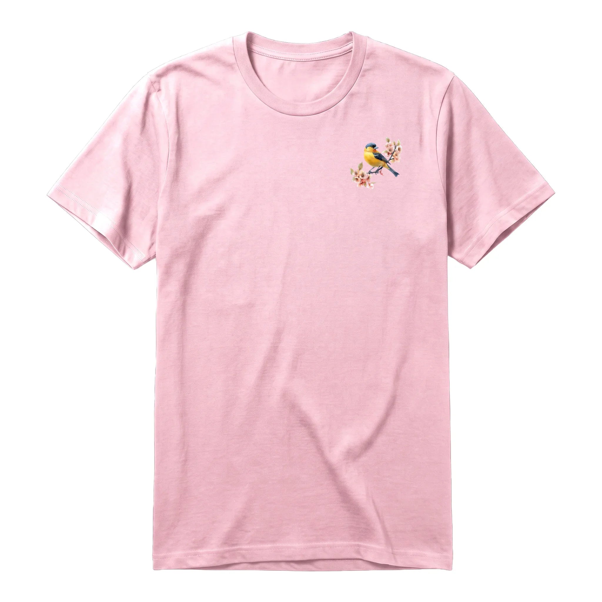 Un T-shirt rose T-shirt à col rond et manches courtes pour adulte, orné d'un motif représentant un oiseau sur la poitrine gauche.