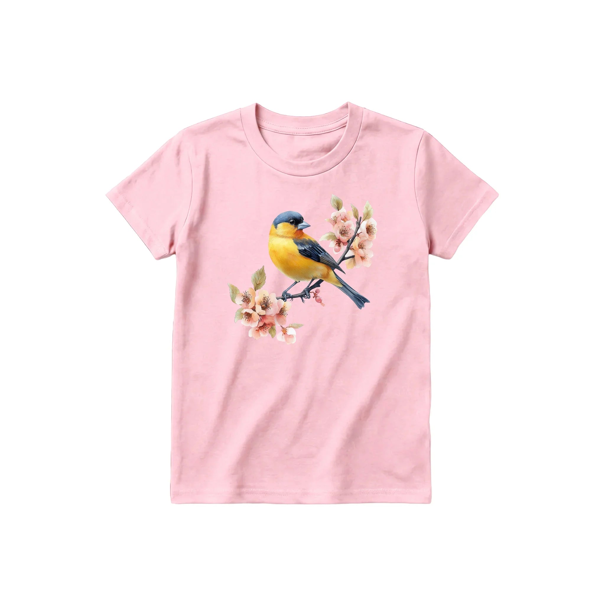 Un T-shirt rose à manches courtes et col rond pour jeune, orné d'un motif représentant un oiseau sur le devant.