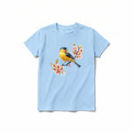 A powder short-sleeve crewneck t-shirt for youth featuring a graphic of a bird on the front.