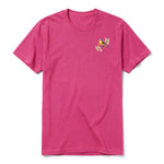 A raspberry short-sleeve crewneck t-shirt for adult featuring a graphic of a bird on the left chest.