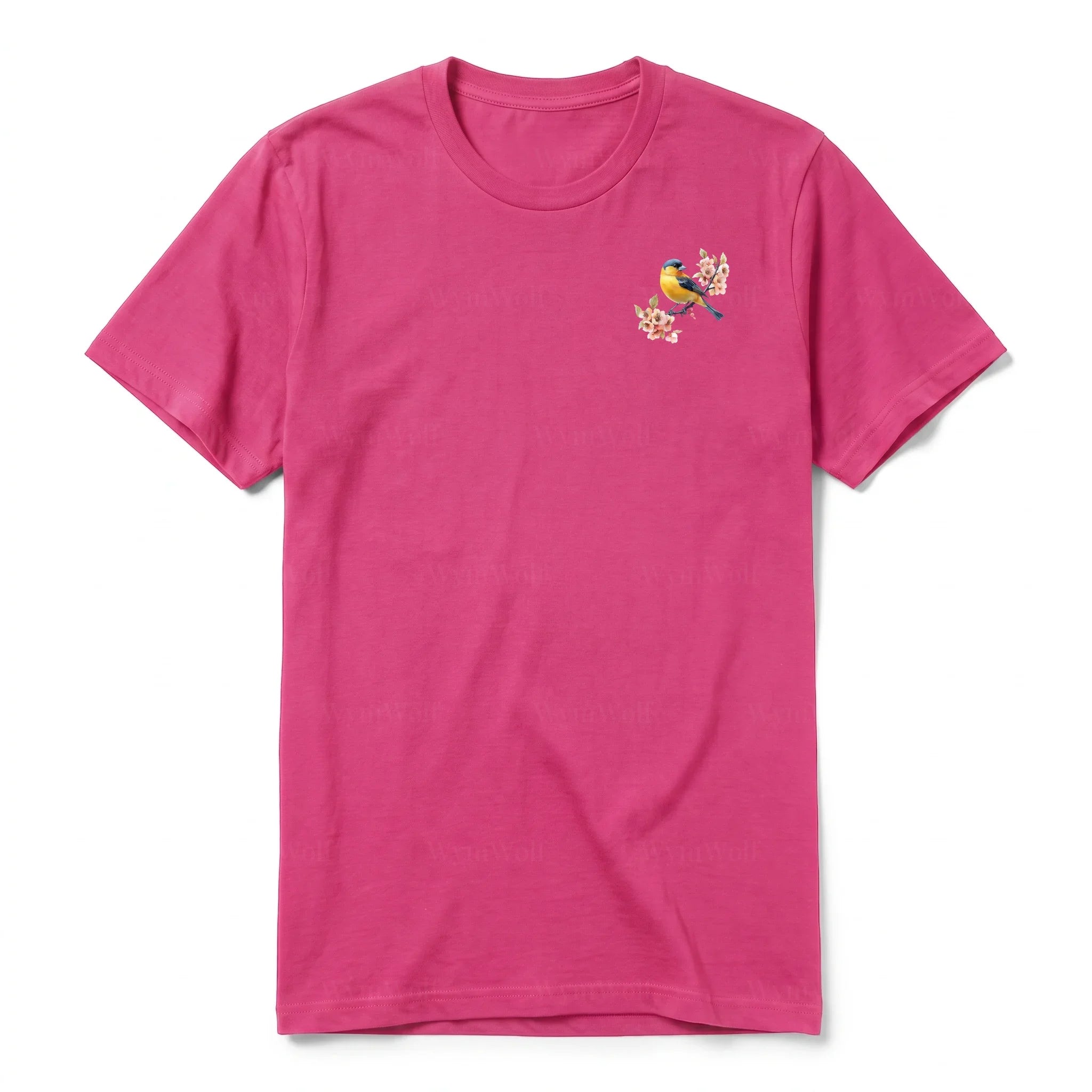 A raspberry short-sleeve crewneck t-shirt for adult featuring a graphic of a bird on the left chest.